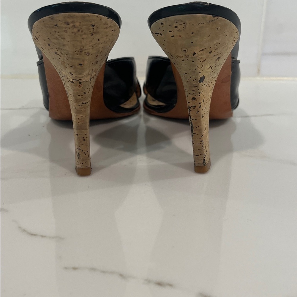 Charles Jourdan Vintage Black Patent Leather Cork Heels Sandals Mules - Picture 7 of 11